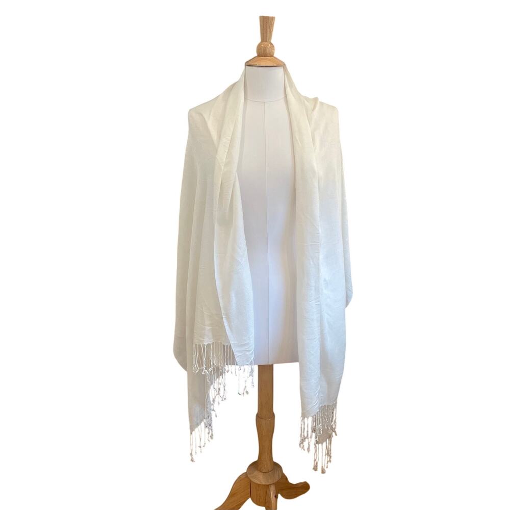 Ivory / Cream Pashmina Cashmere Wrap / Shawl with Fringe 29 by 78